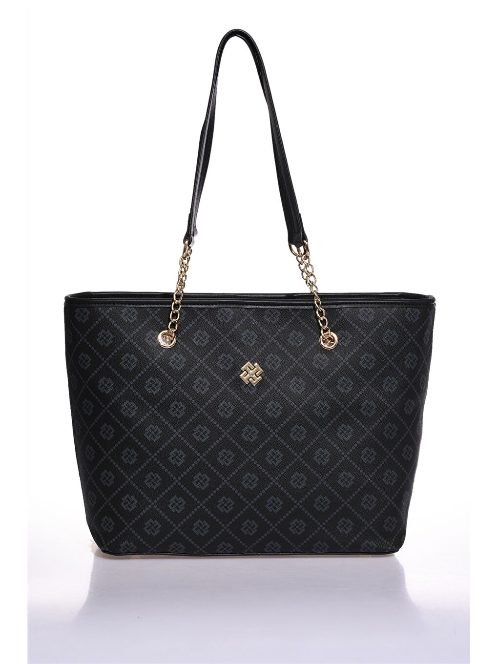 Siyah Deri Görünümlü Baskılı Kadın Tote Çanta