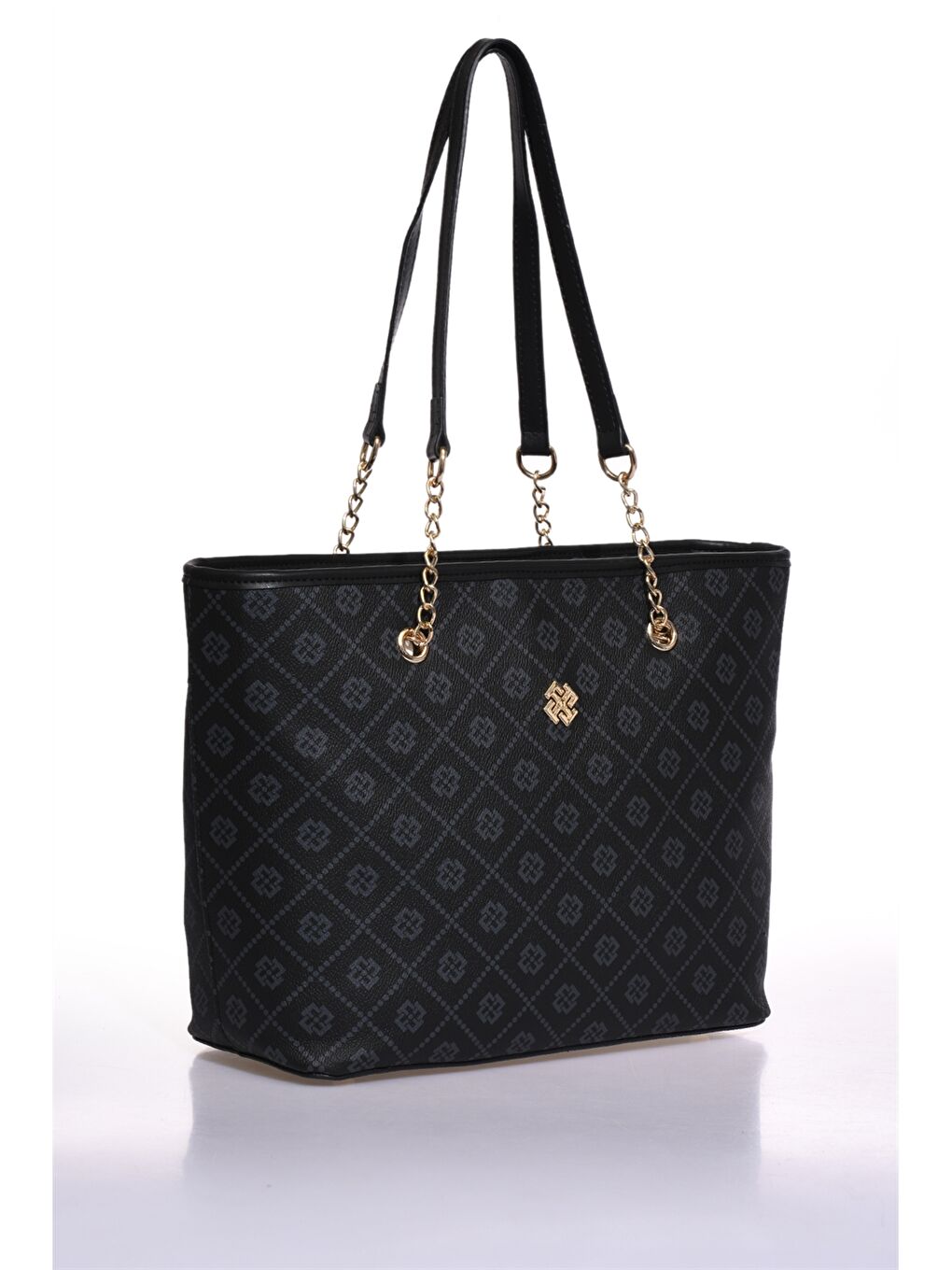 Siyah Deri Görünümlü Baskılı Kadın Tote Çanta-1