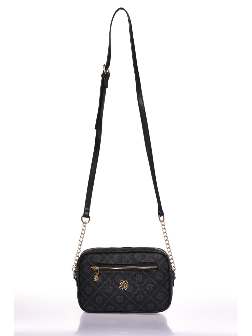 Siyah Deri Görünümlü Desenli Kadın Çapraz Çanta