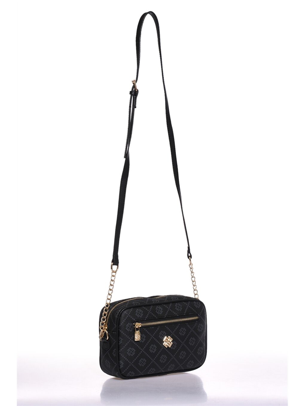 Siyah Deri Görünümlü Desenli Kadın Çapraz Çanta-1