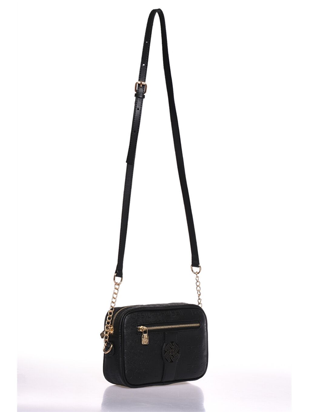 Siyah Deri Görünümlü Desenli Kadın Çapraz Çanta-1