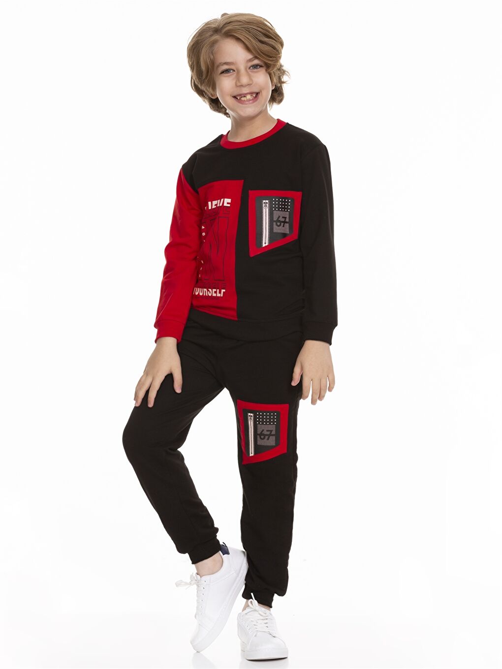 Kırmızı Bisiklet Yaka Baskılı Uzun Kollu Erkek Çocuk Sweatshirt ve Eşofman Altı