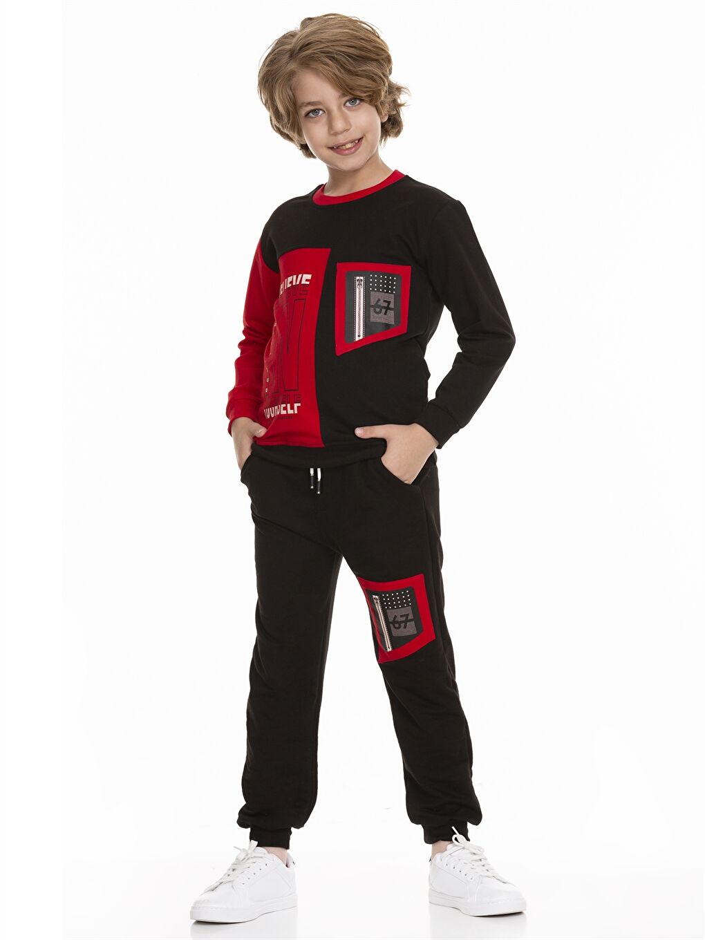 Kırmızı Bisiklet Yaka Baskılı Uzun Kollu Erkek Çocuk Sweatshirt ve Eşofman Altı-1