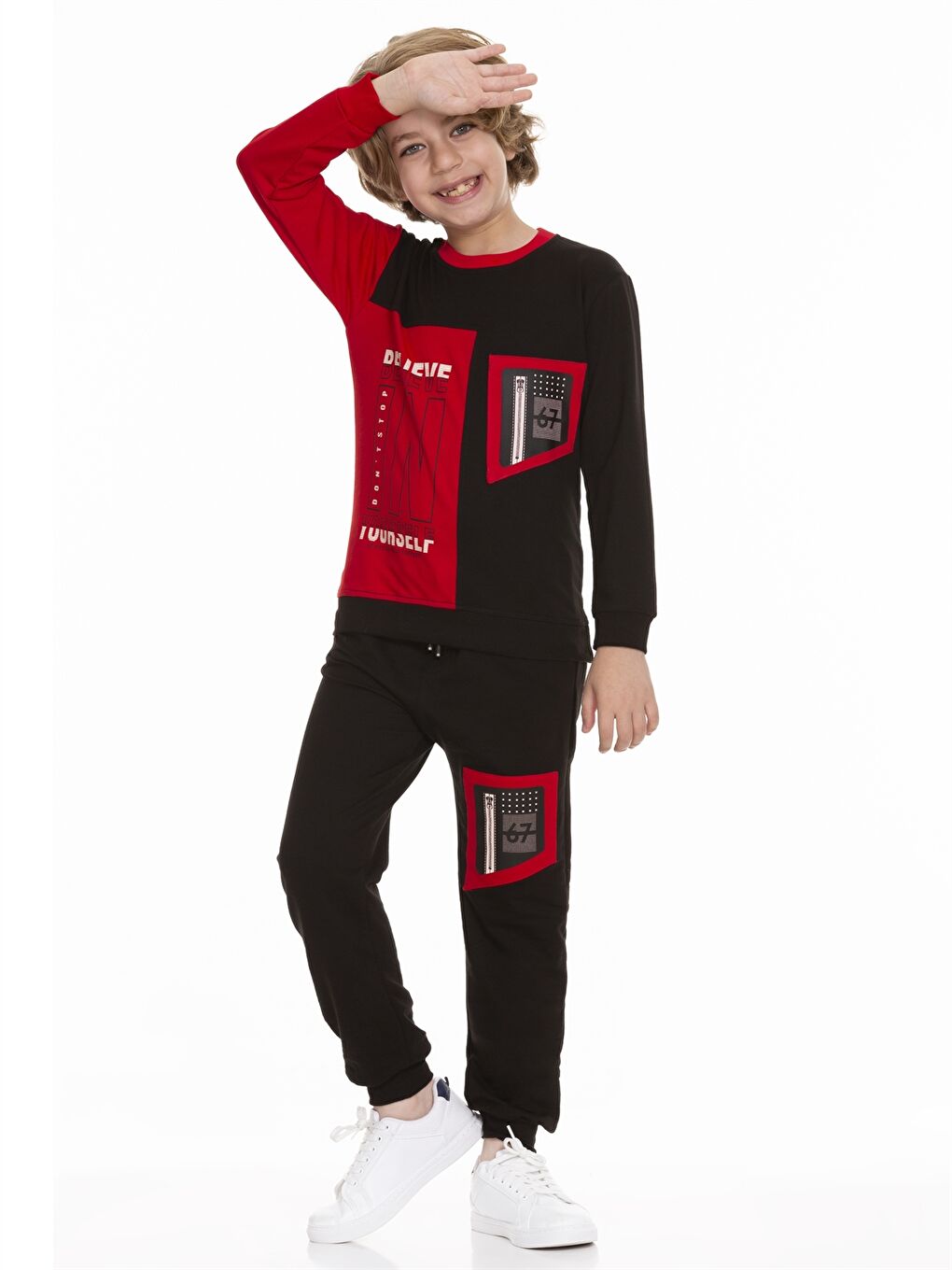 Kırmızı Bisiklet Yaka Baskılı Uzun Kollu Erkek Çocuk Sweatshirt ve Eşofman Altı-2