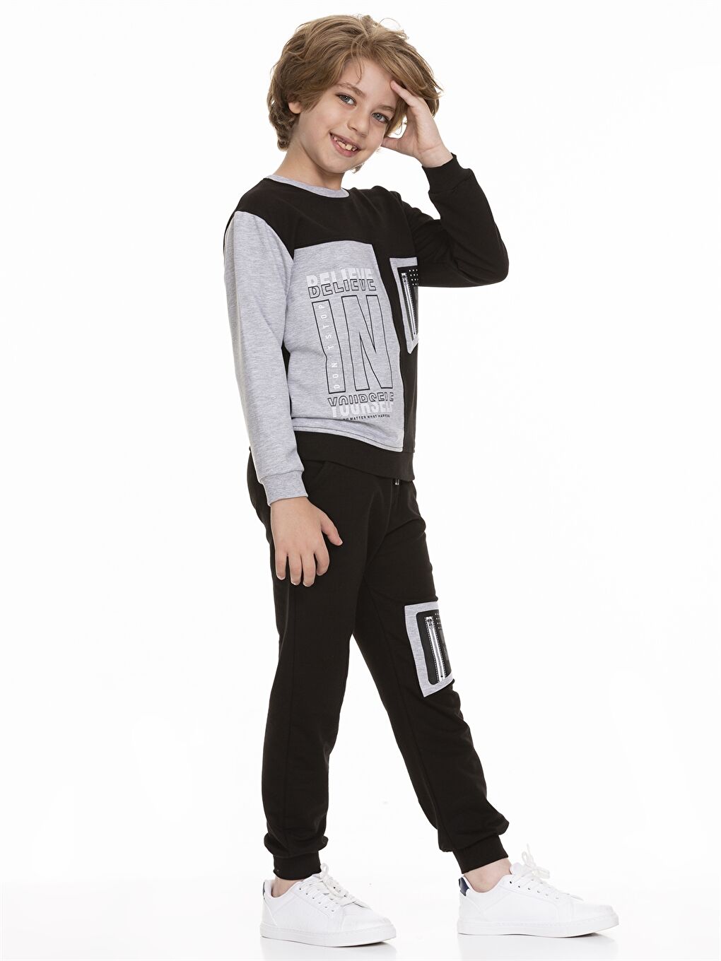 Gri Bisiklet Yaka Baskılı Uzun Kollu Erkek Çocuk Sweatshirt ve Eşofman Altı