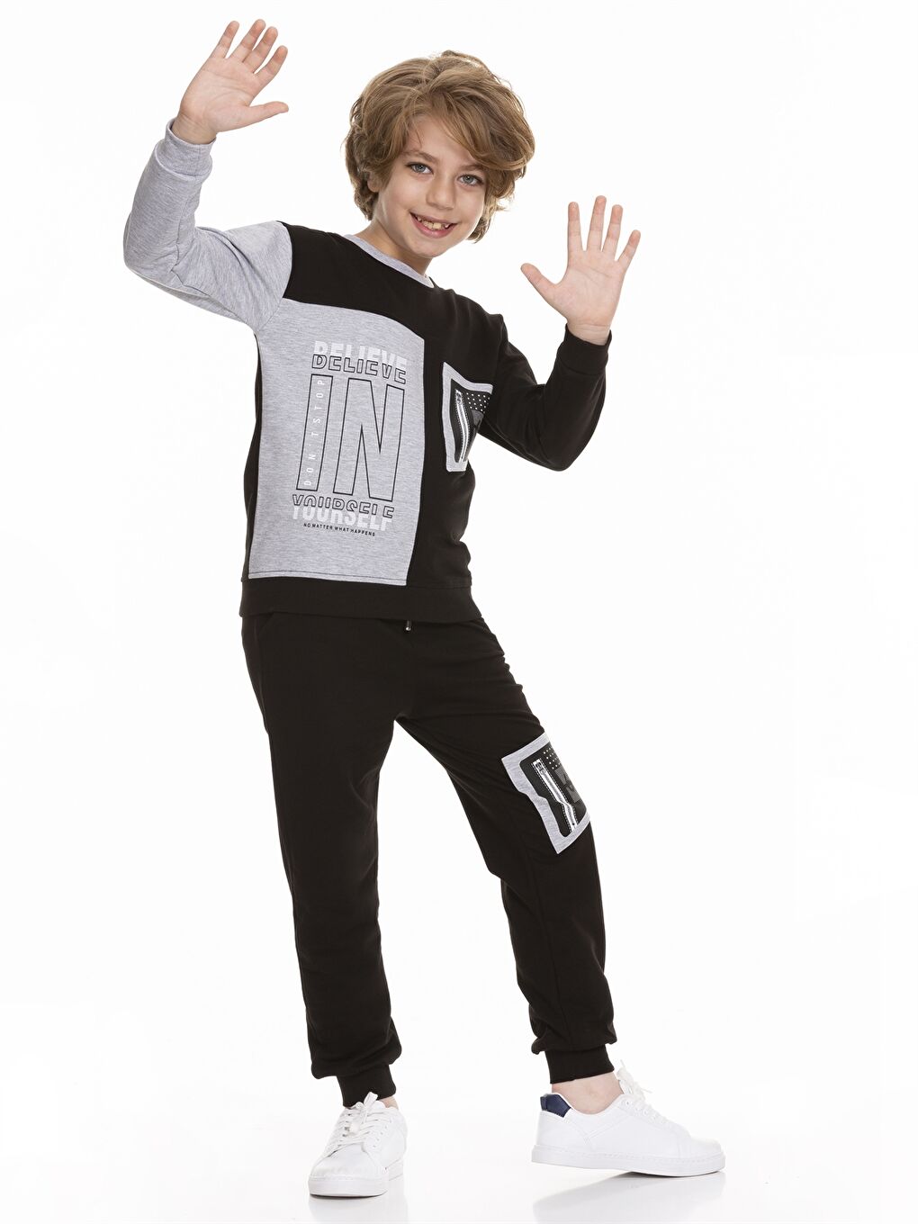 Gri Bisiklet Yaka Baskılı Uzun Kollu Erkek Çocuk Sweatshirt ve Eşofman Altı-1