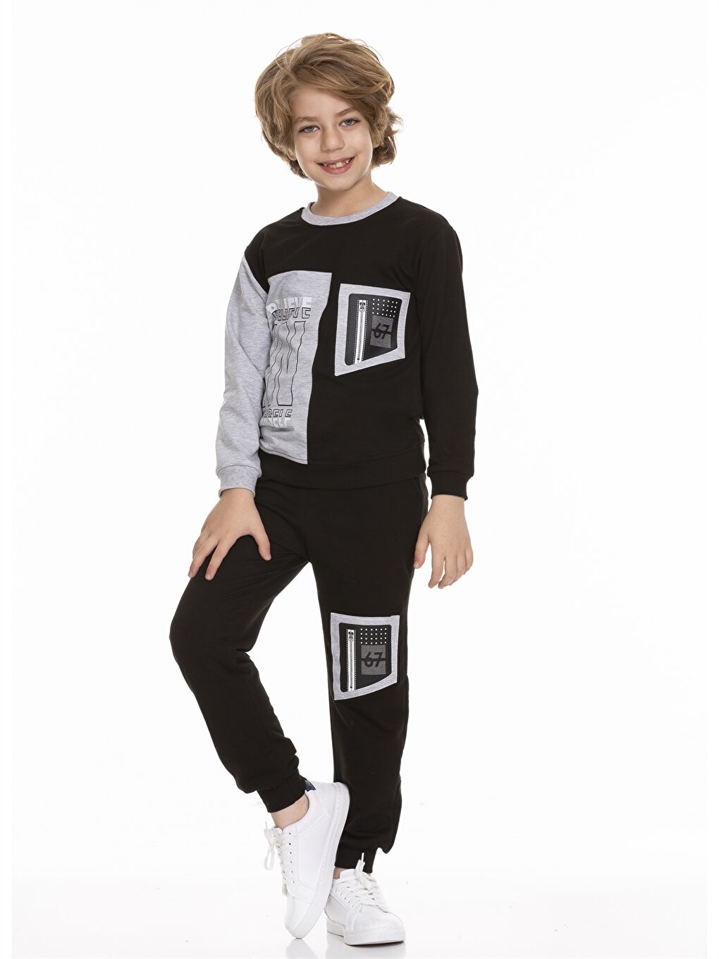 Gri Bisiklet Yaka Baskılı Uzun Kollu Erkek Çocuk Sweatshirt ve Eşofman Altı-2