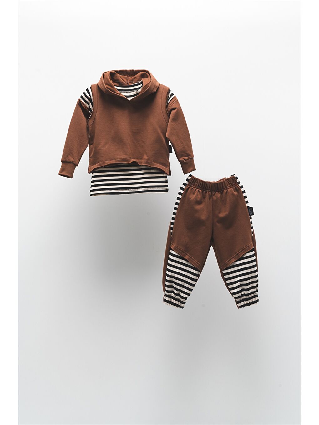 Kahverengi Kapüşonlu Çizgili Unisex Çocuk 3'lü Takım
