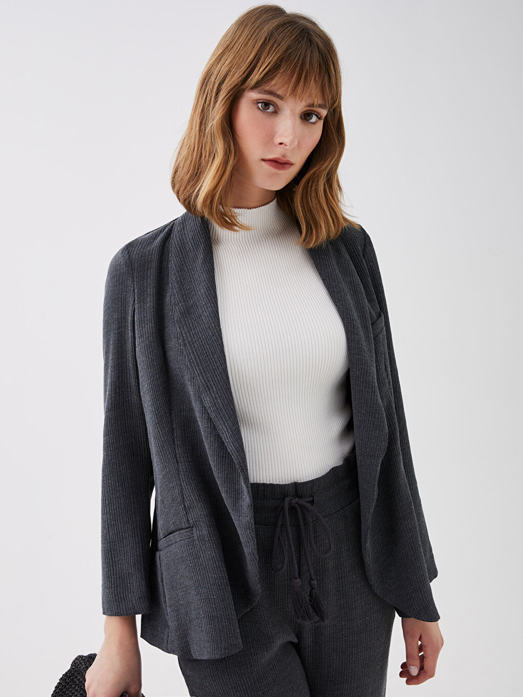 Antrasit Şal Yaka Düz Uzun Kollu Kadın Blazer Ceket-1