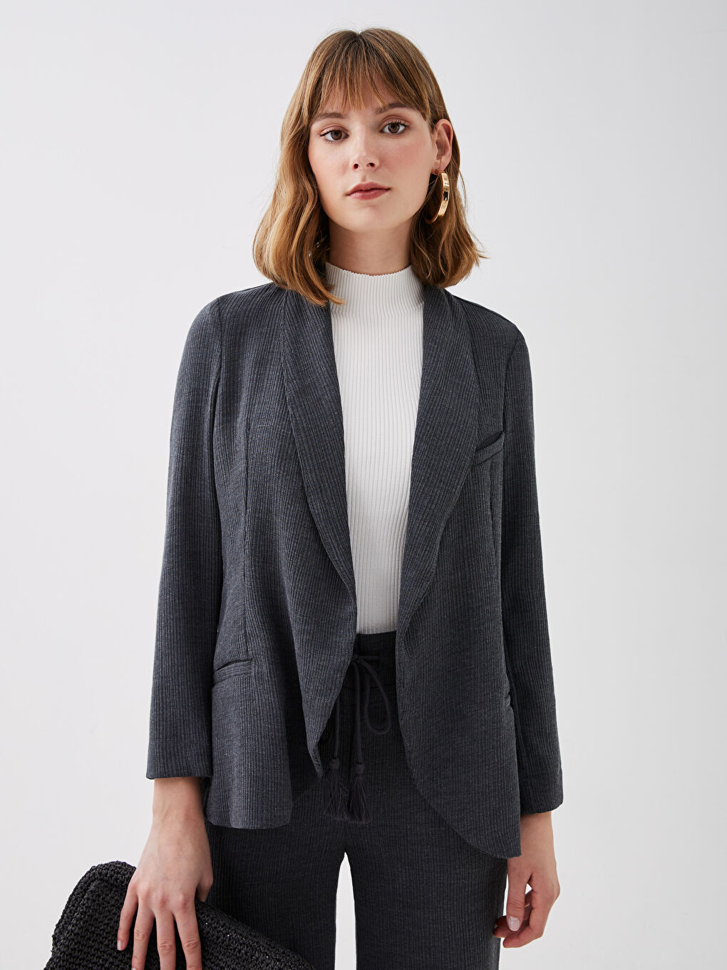 Antrasit Şal Yaka Düz Uzun Kollu Kadın Blazer Ceket-2
