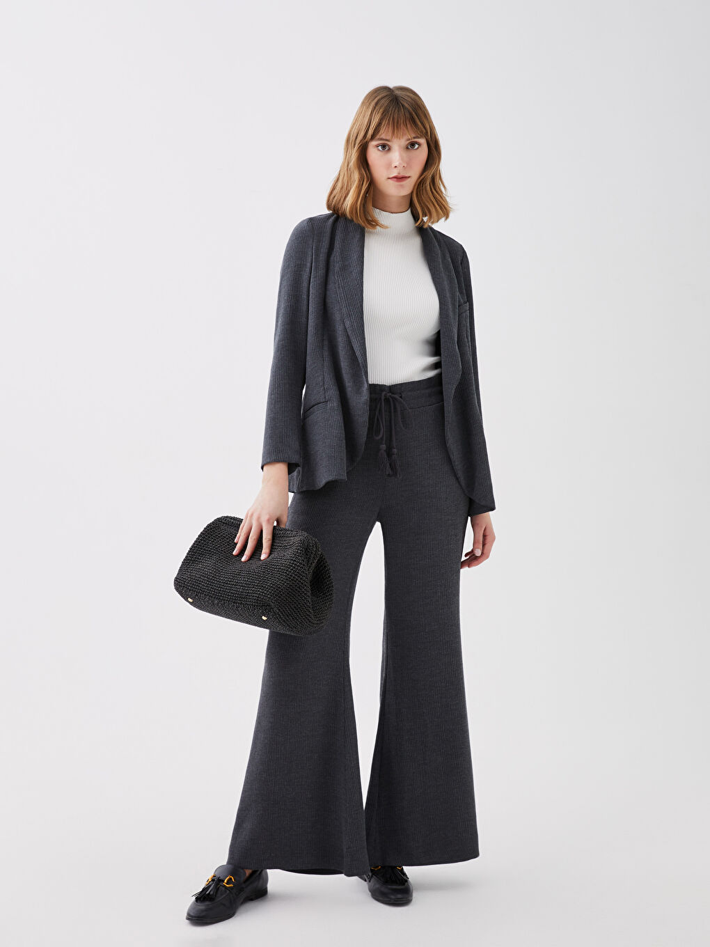 Antrasit Şal Yaka Düz Uzun Kollu Kadın Blazer Ceket-3