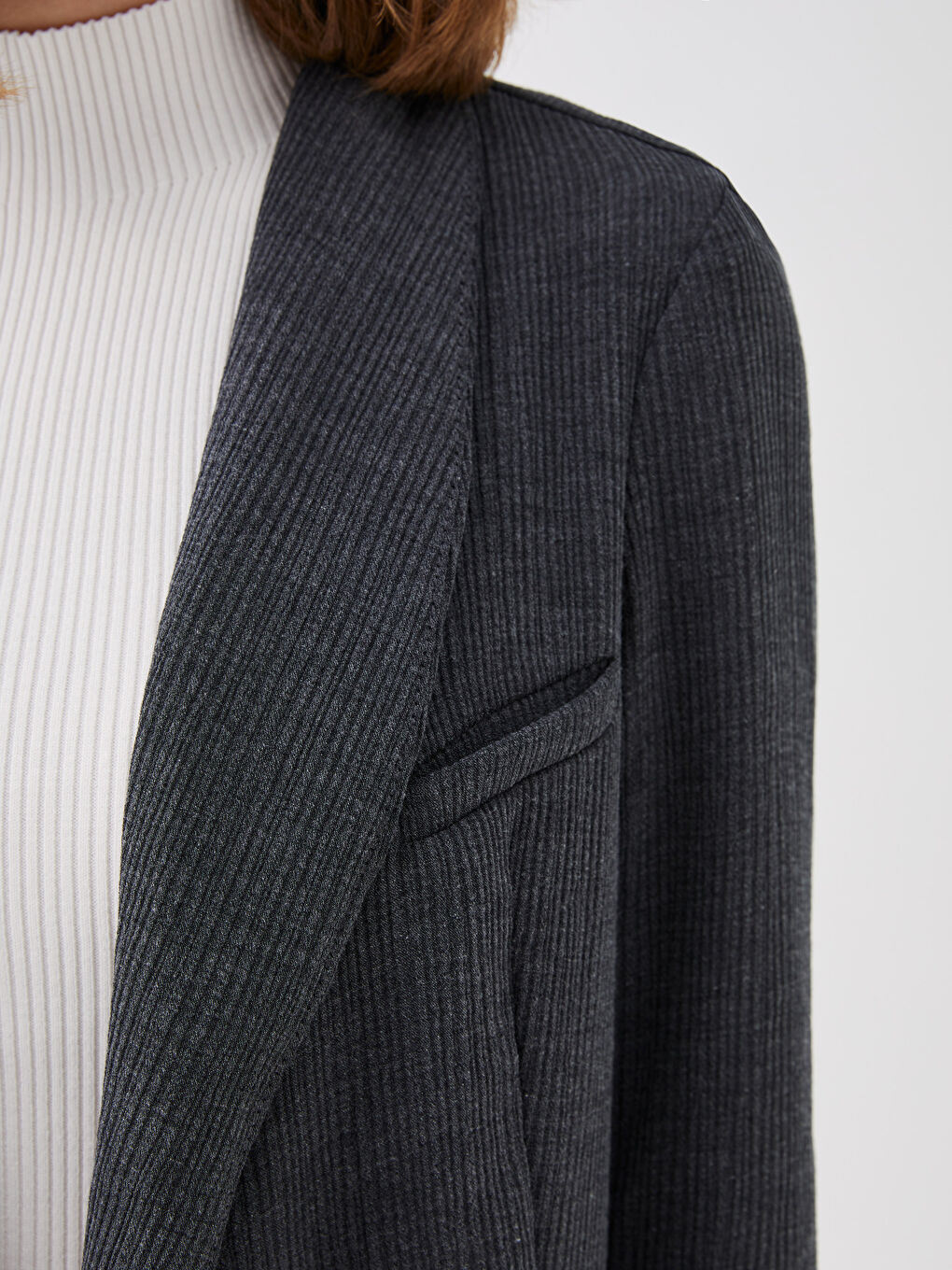 Antrasit Şal Yaka Düz Uzun Kollu Kadın Blazer Ceket-4