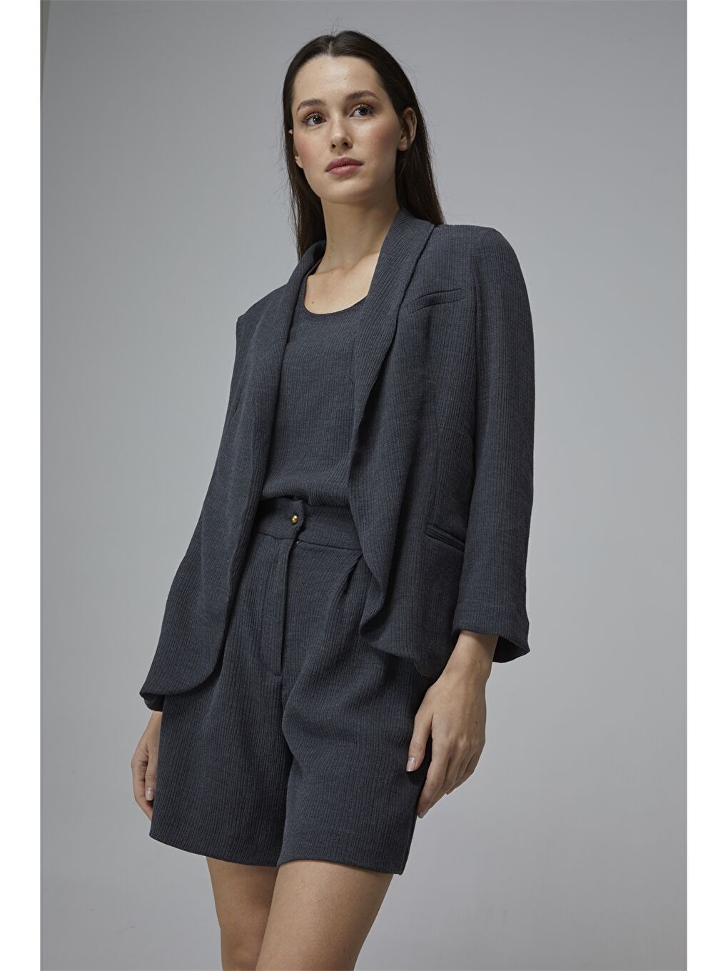 Antrasit Şal Yaka Düz Uzun Kollu Kadın Blazer Ceket