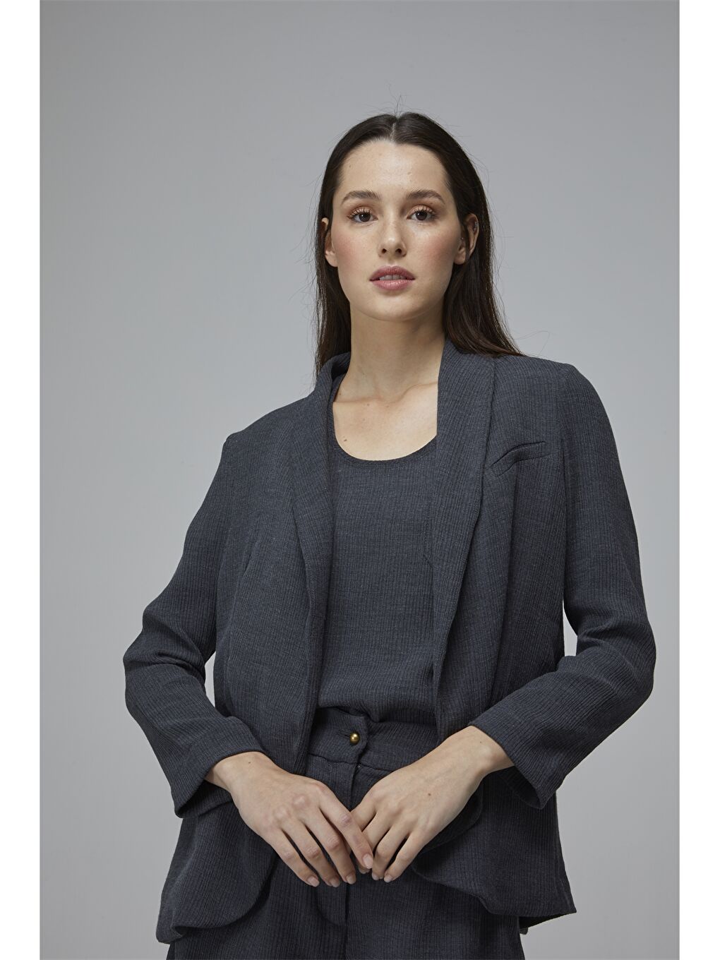 Antrasit Şal Yaka Düz Uzun Kollu Kadın Blazer Ceket-6