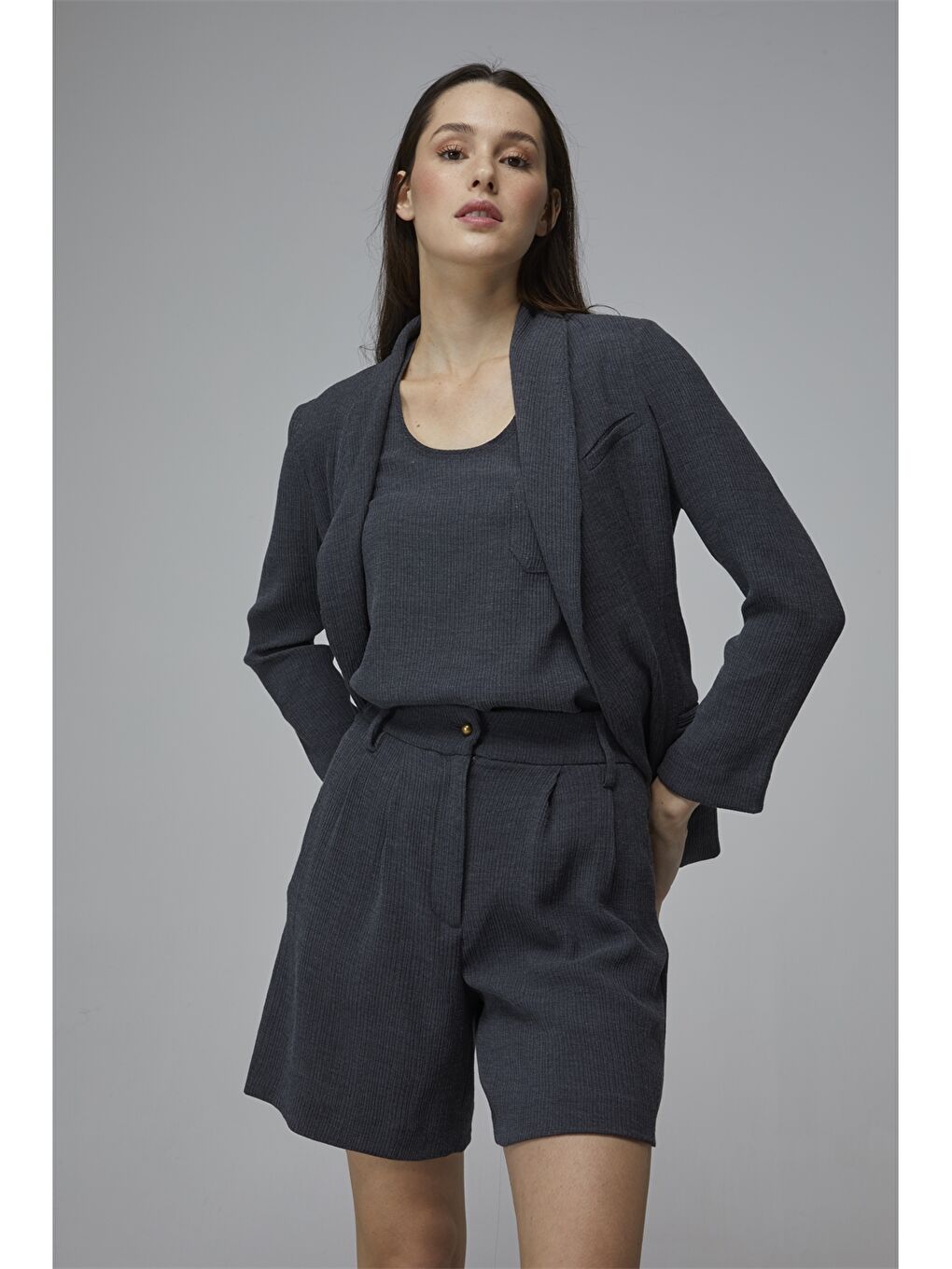 Antrasit Şal Yaka Düz Uzun Kollu Kadın Blazer Ceket-7