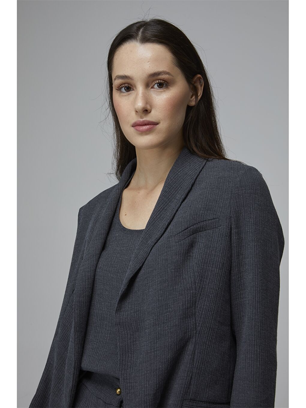 Antrasit Şal Yaka Düz Uzun Kollu Kadın Blazer Ceket-8