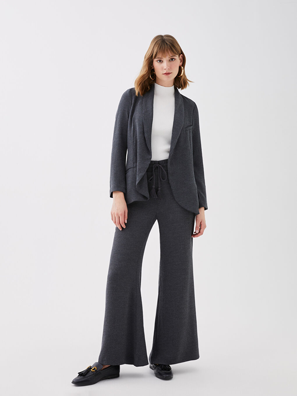 Antrasit Beli Lastikli İspanyol Paça Kadın Pantolon-1