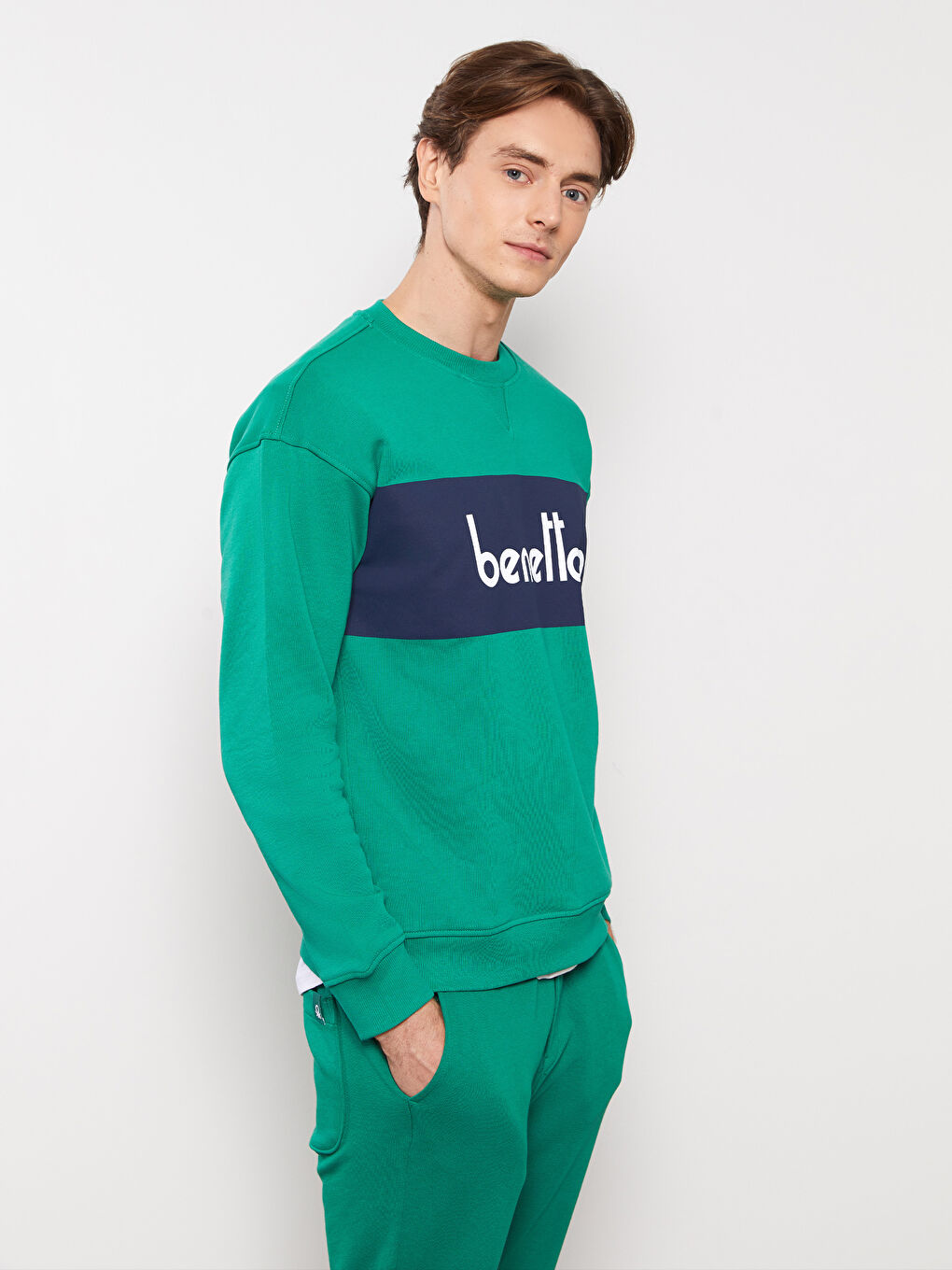 Yeşil Bisiklet Yaka Uzun Kollu Baskılı Erkek Sweatshirt