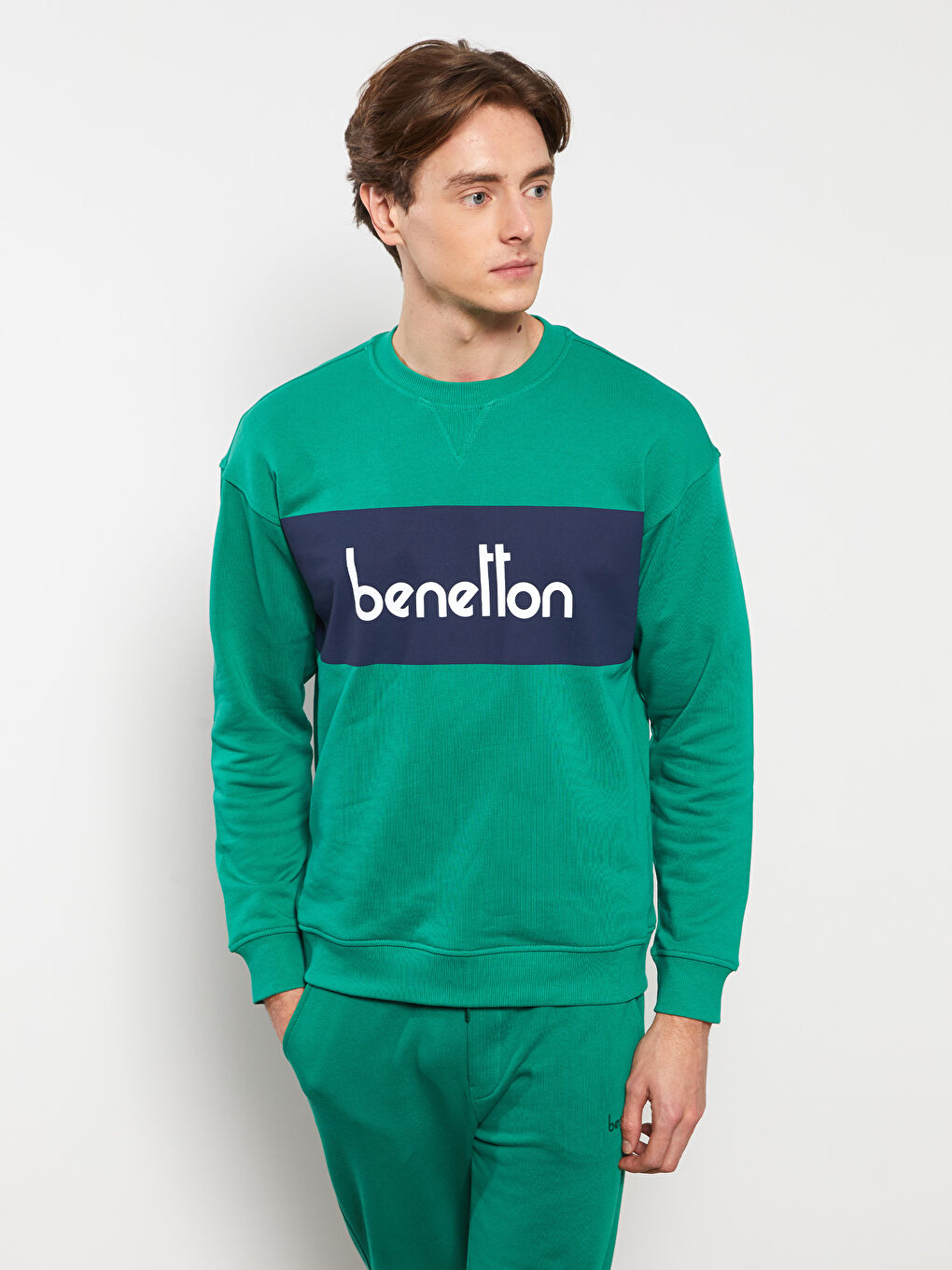 Yeşil Bisiklet Yaka Uzun Kollu Baskılı Erkek Sweatshirt-1