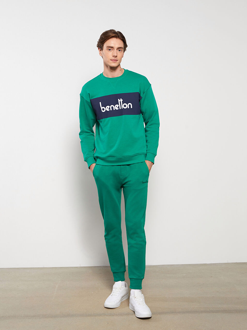 Yeşil Bisiklet Yaka Uzun Kollu Baskılı Erkek Sweatshirt-2