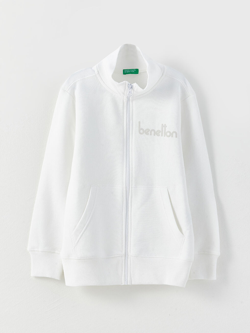 Beyaz Dik Yaka Baskılı Uzun Kollu Erkek Çocuk Fermuarlı Sweatshirt