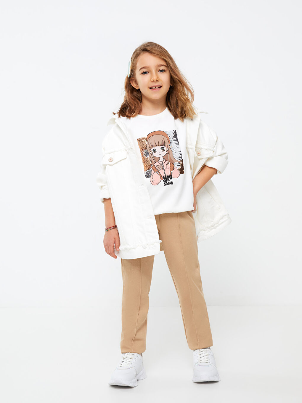 Bej Beli Lastikli Basic Kız Çocuk Pantolon-1