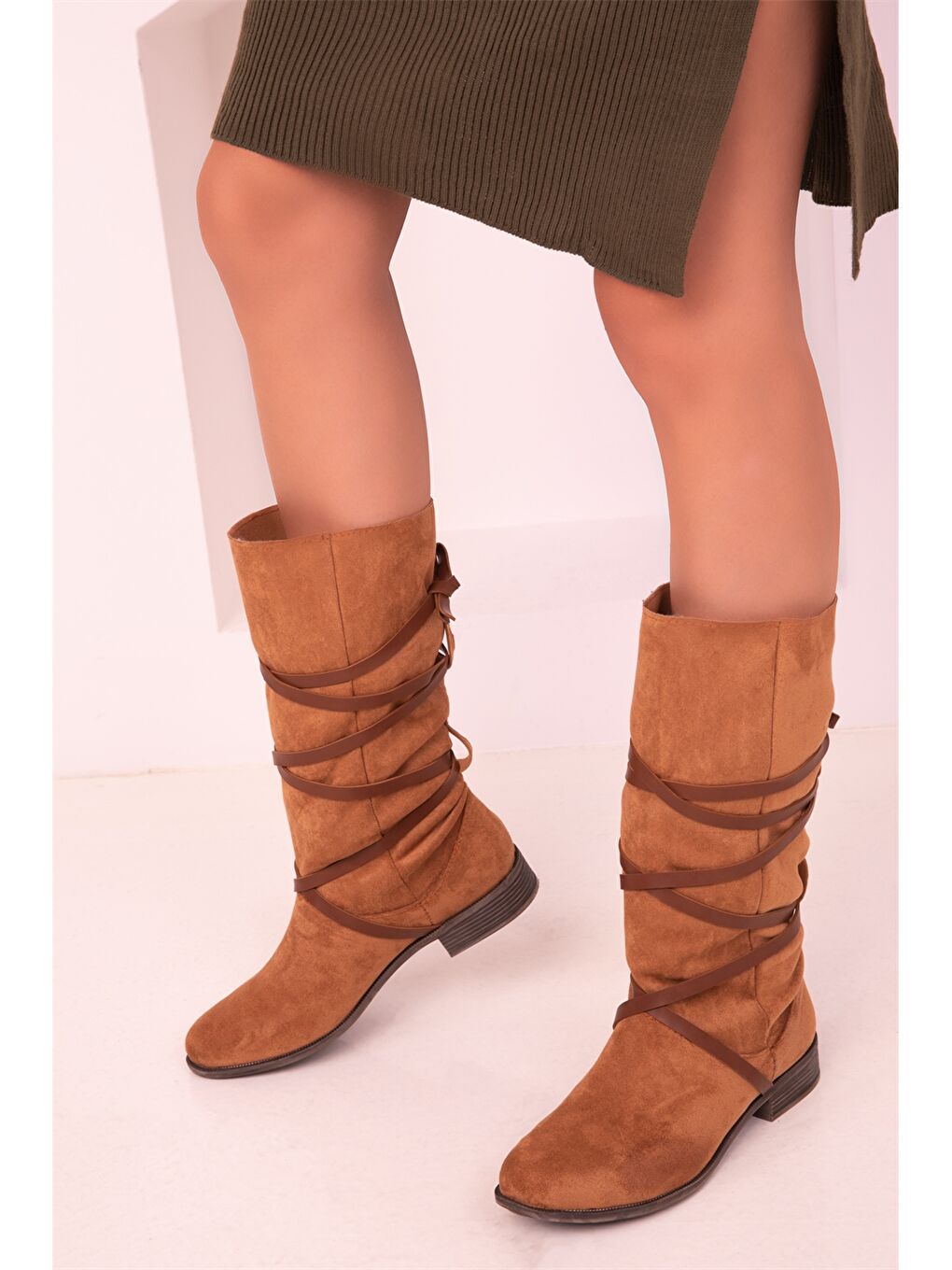 Ekru Süet Görünümlü Kadın Çizme-3