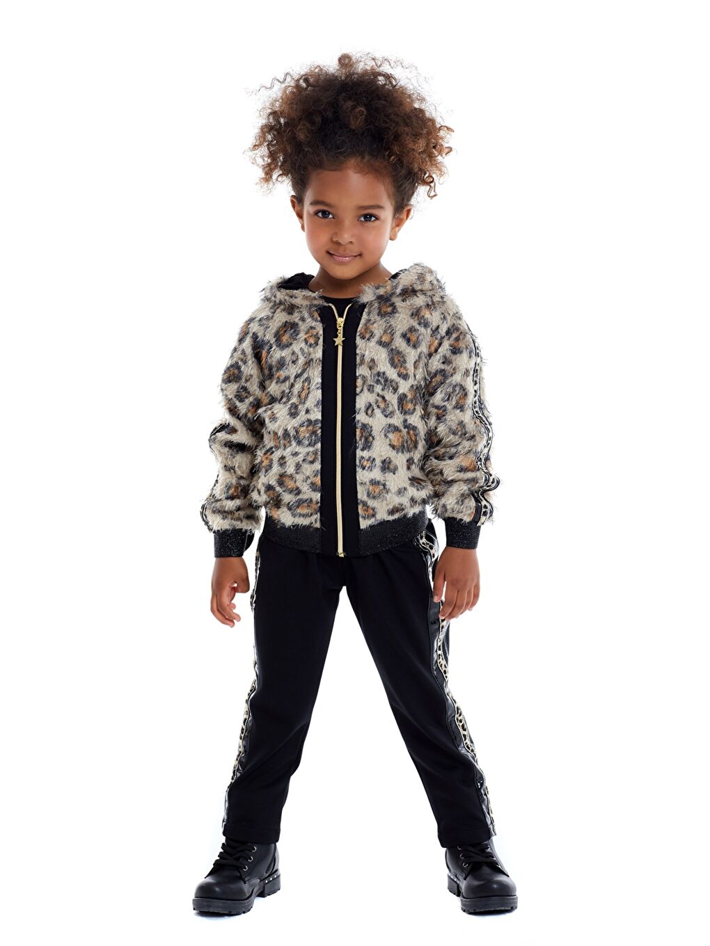 Siyah Kapüşonlu Desenli Uzun Kollu Kız Çocuk Takım 2'li