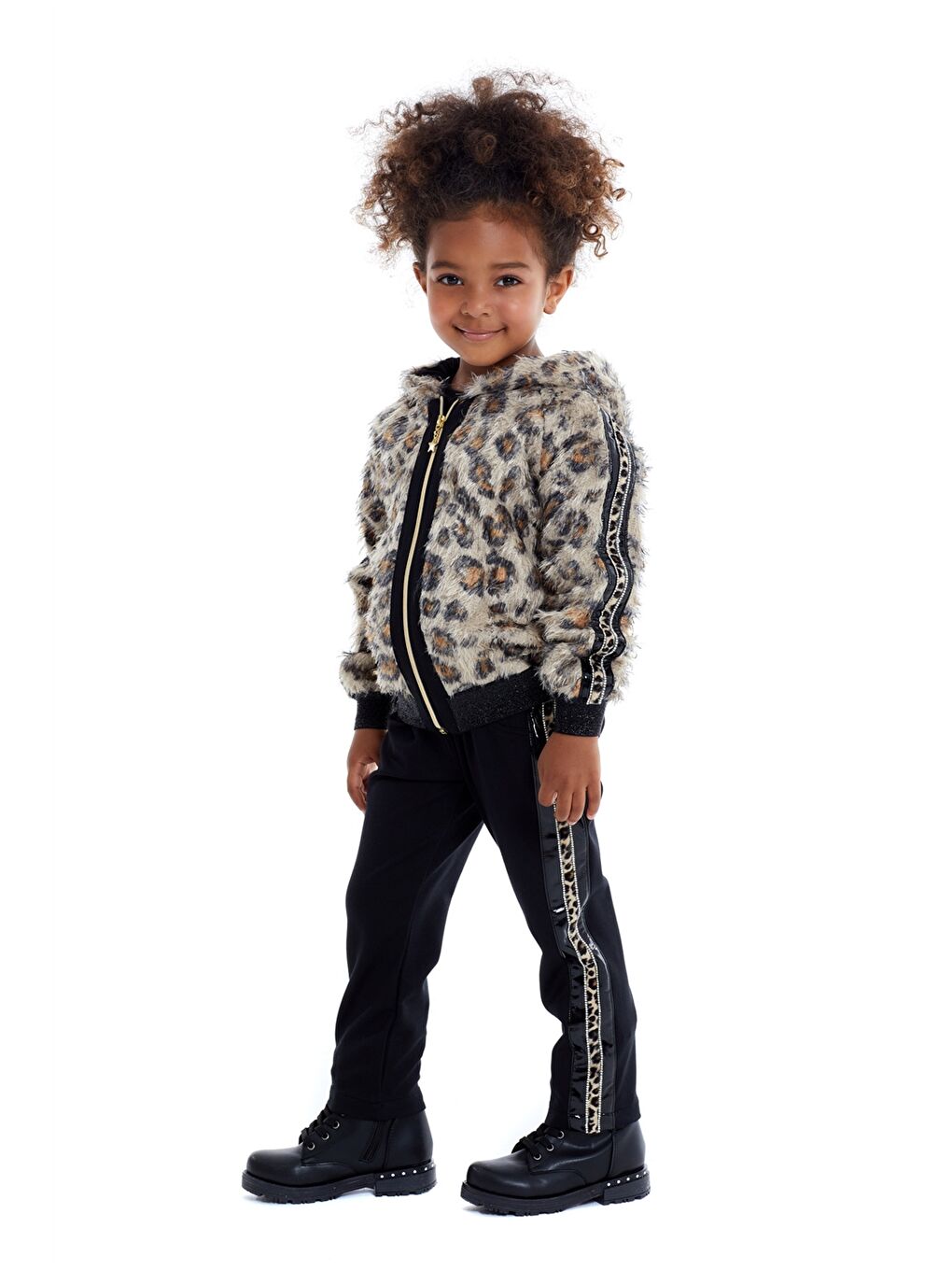 Siyah Kapüşonlu Desenli Uzun Kollu Kız Çocuk Takım 2'li-1