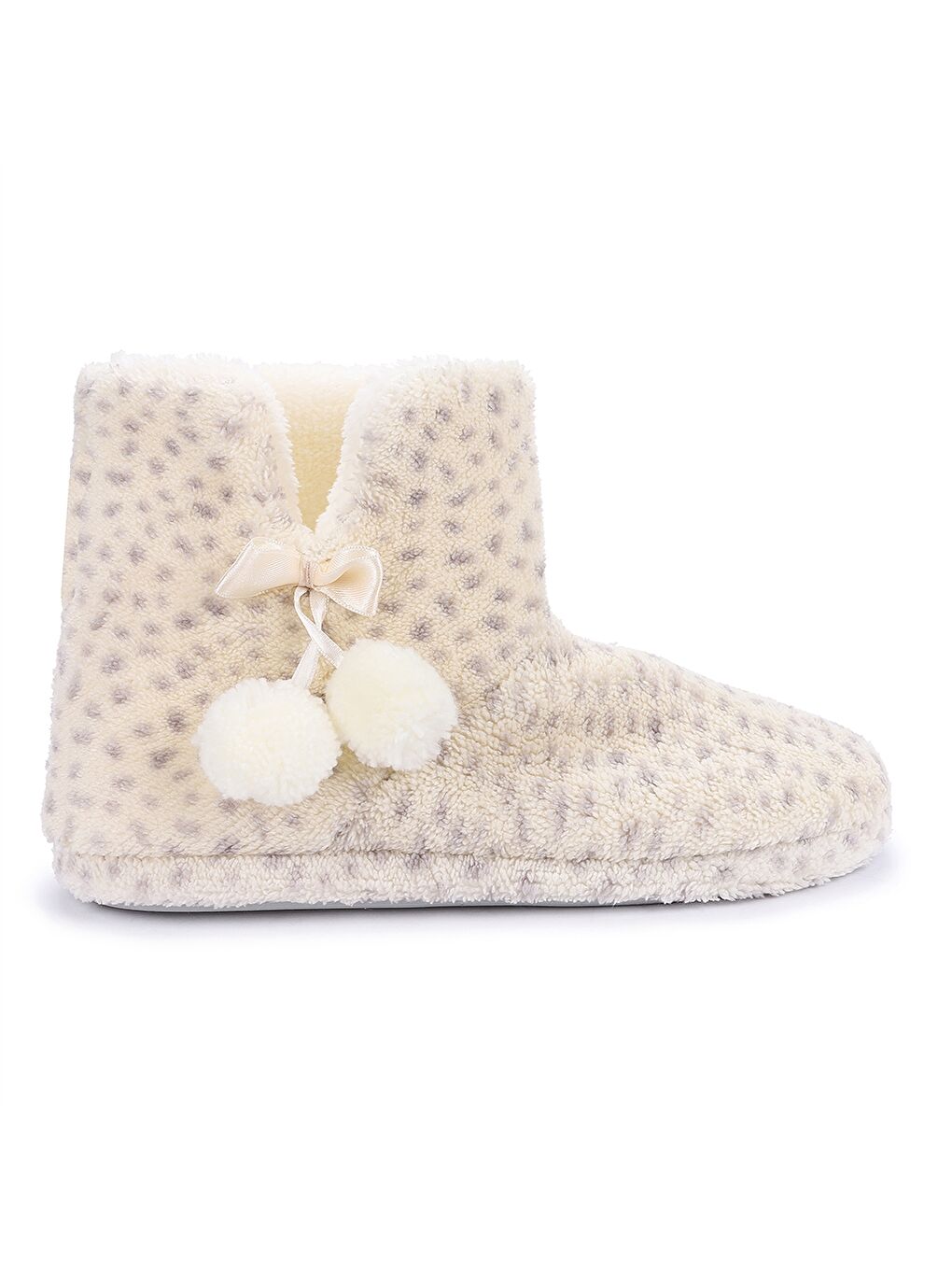 Gri Ponpon Detaylı Desenli Kadın Ev Botu-3