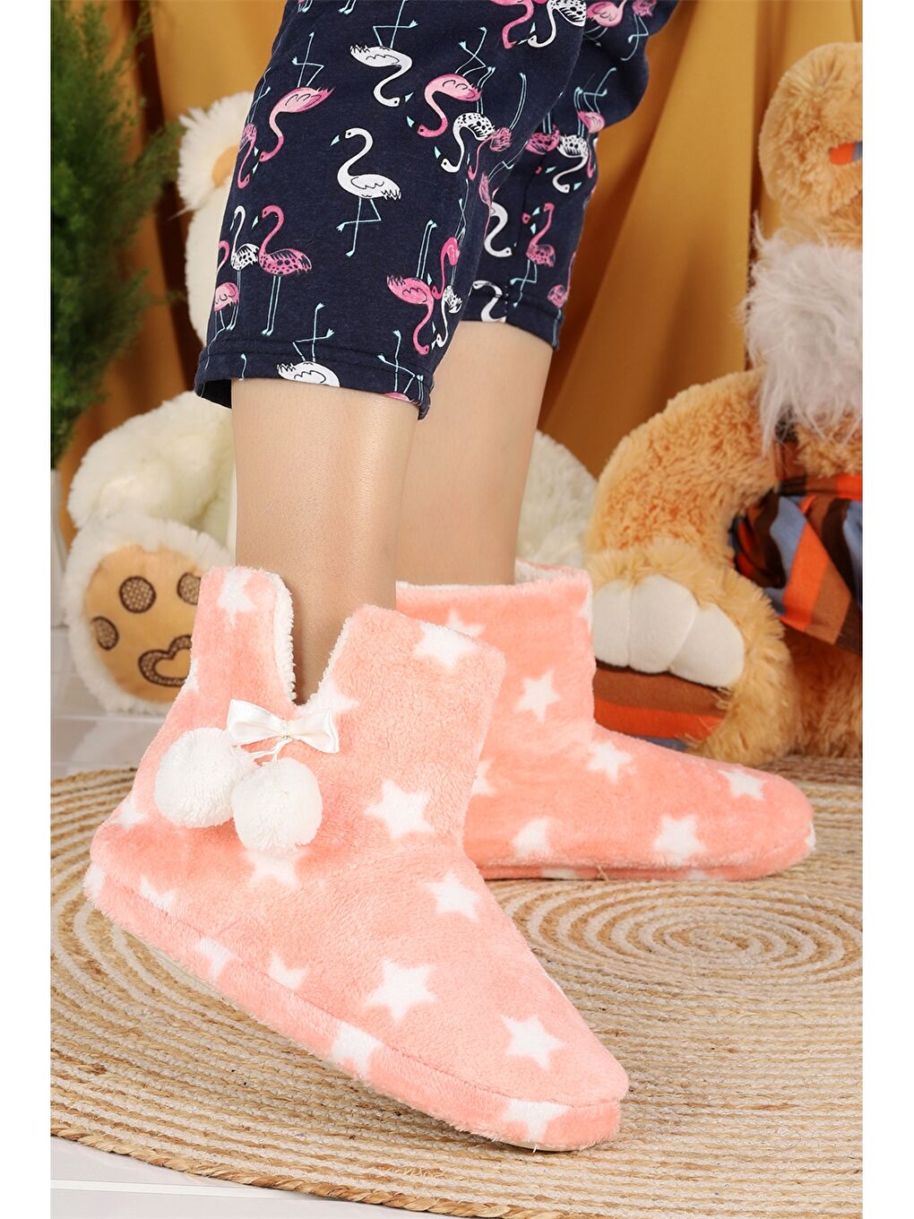 Turuncu Ponpon Detaylı Desenli Kadın Ev Botu