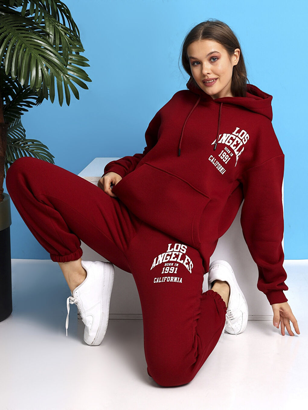 Bordo Kapüşonlu Baskılı Uzun Kollu Kadın Sweatshirt