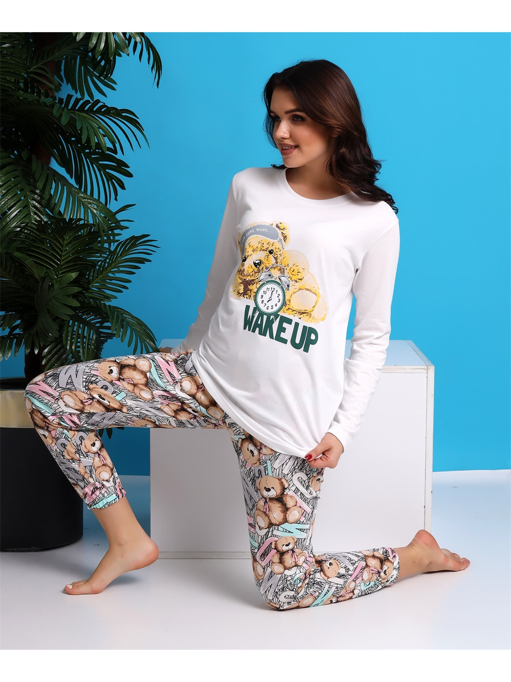 Bej Bisiklet Yaka Baskılı Uzun Kollu Kadın Pijama Takımı-5