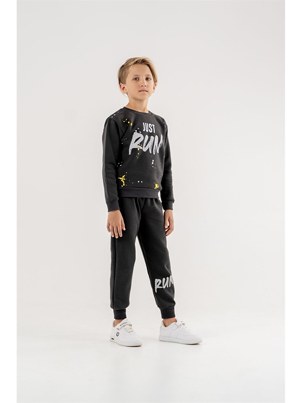 Antrasit Bisiklet Yaka Baskılı Uzun Kollu Erkek Çocuk Sweatshirt ve Eşofman Altı