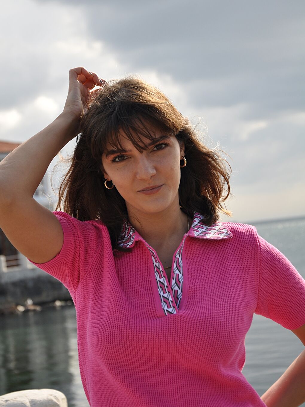 Pembe Polo Yaka Desenli Kısa Kollu Kadın Triko Kazak-5