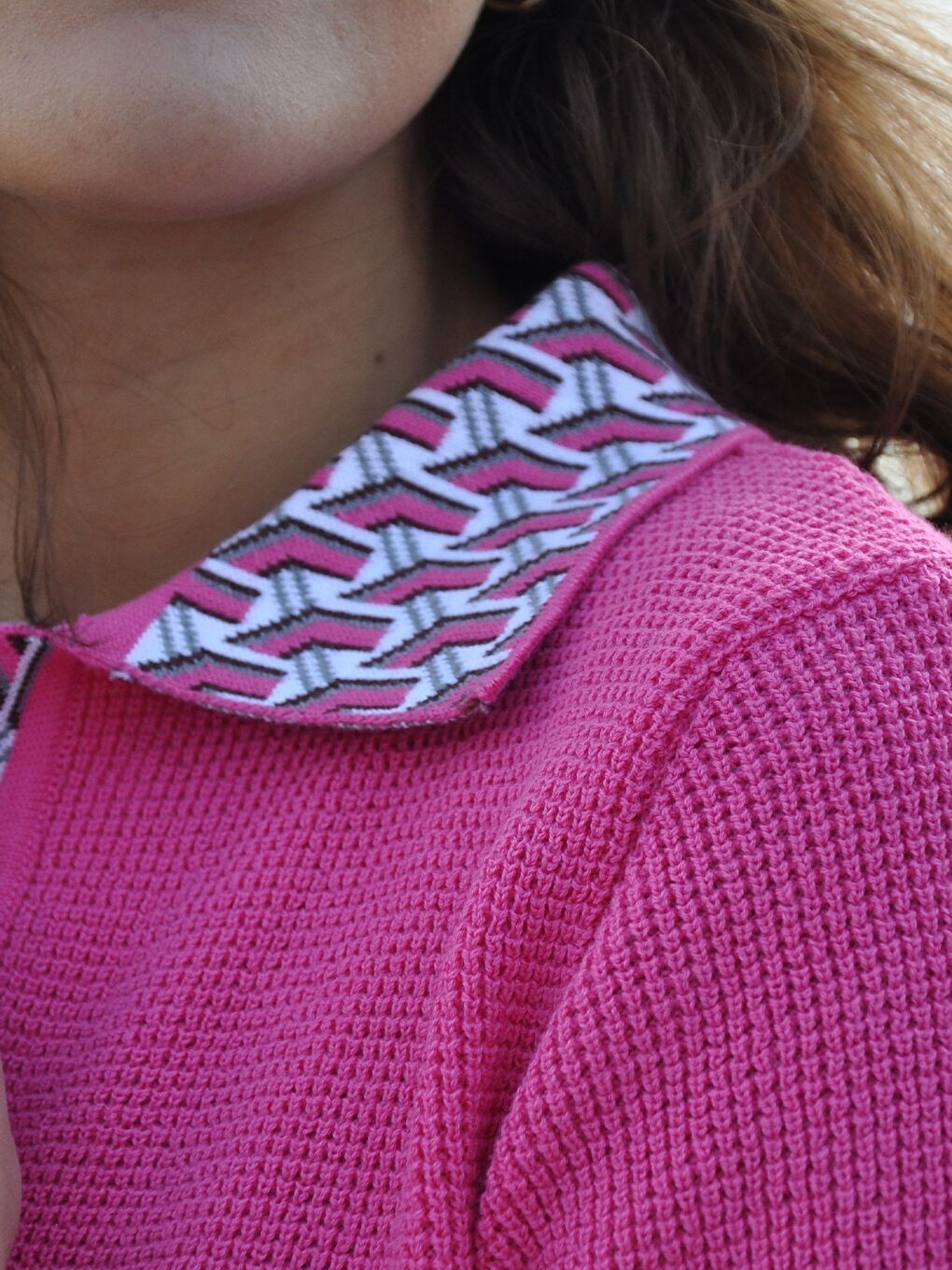 Pembe Polo Yaka Desenli Kısa Kollu Kadın Triko Kazak-7