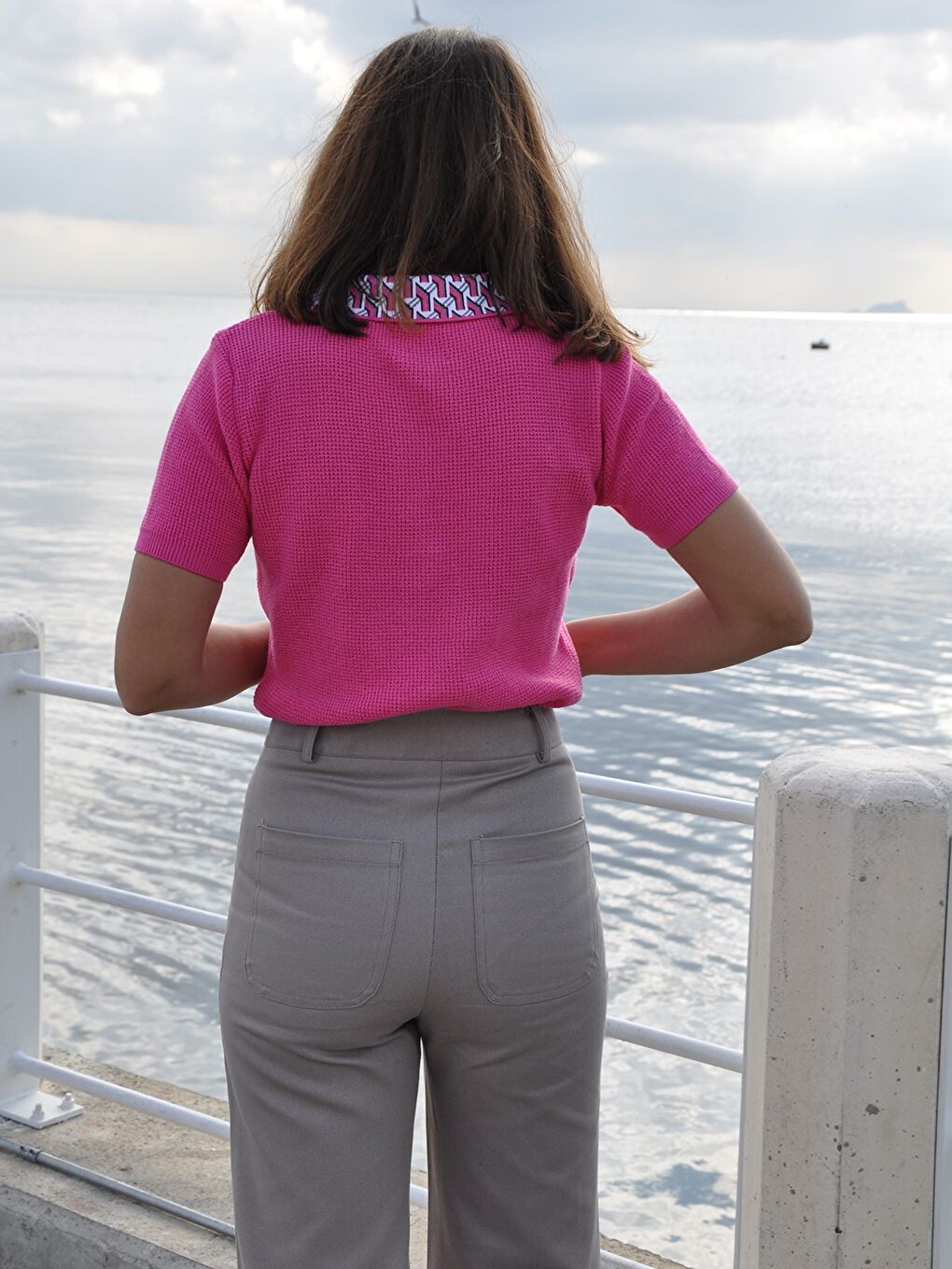 Pembe Polo Yaka Desenli Kısa Kollu Kadın Triko Kazak-9