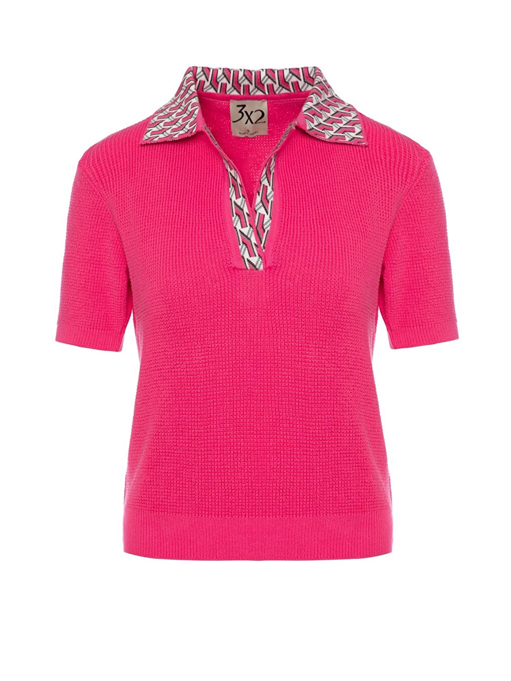 Pembe Polo Yaka Desenli Kısa Kollu Kadın Triko Kazak-10