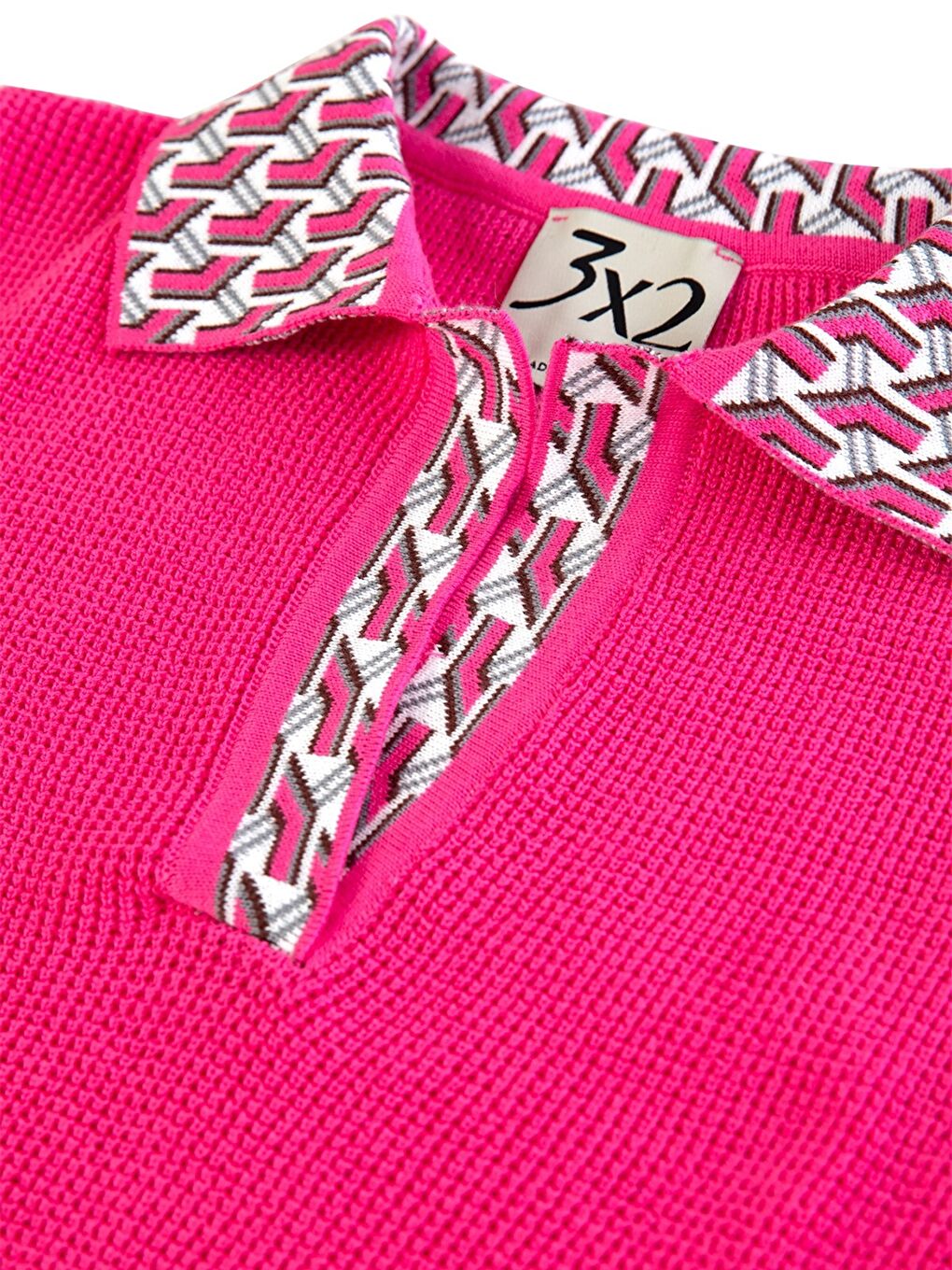 Pembe Polo Yaka Desenli Kısa Kollu Kadın Triko Kazak-12