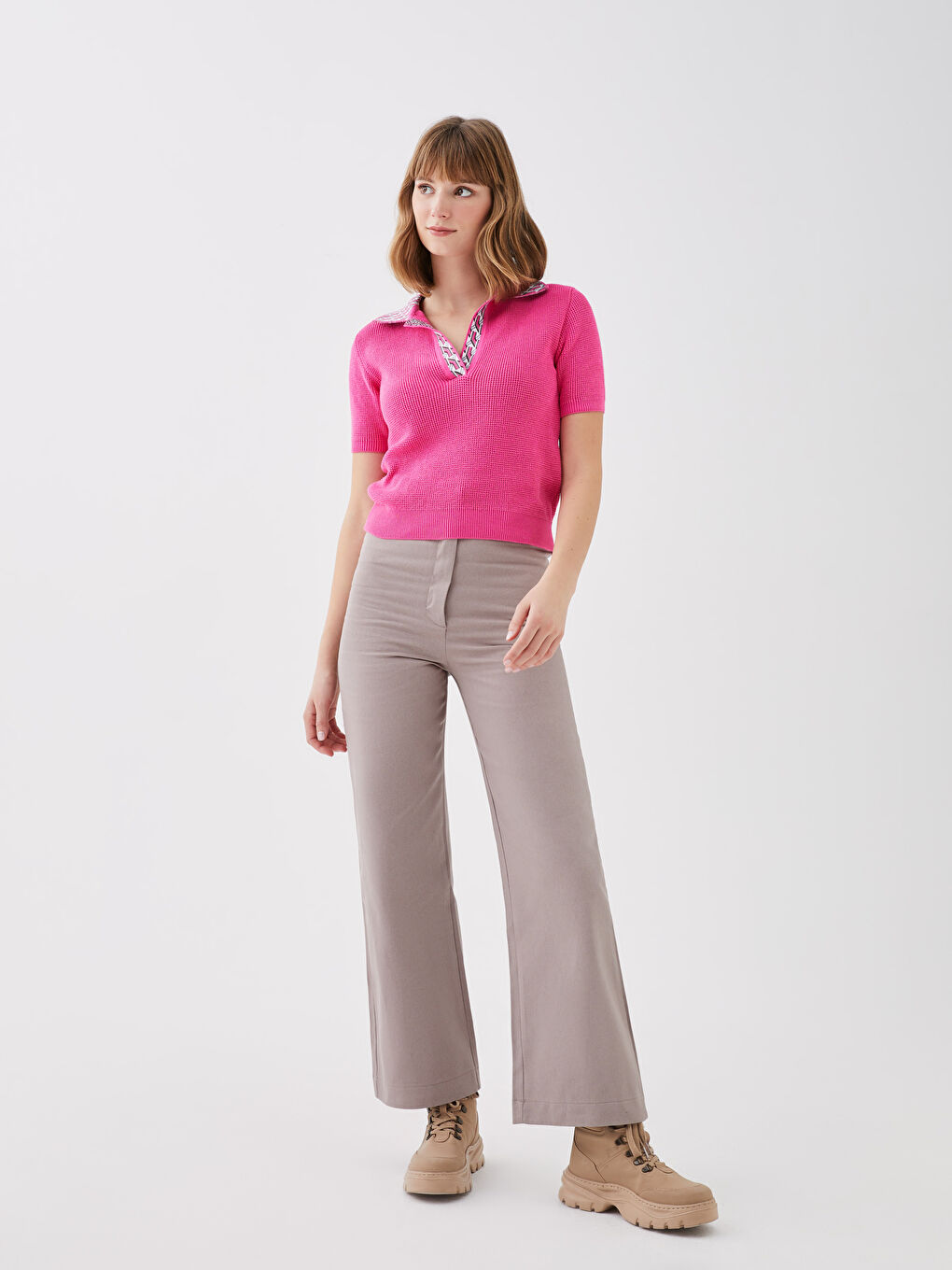 Pembe Polo Yaka Desenli Kısa Kollu Kadın Triko Kazak-2