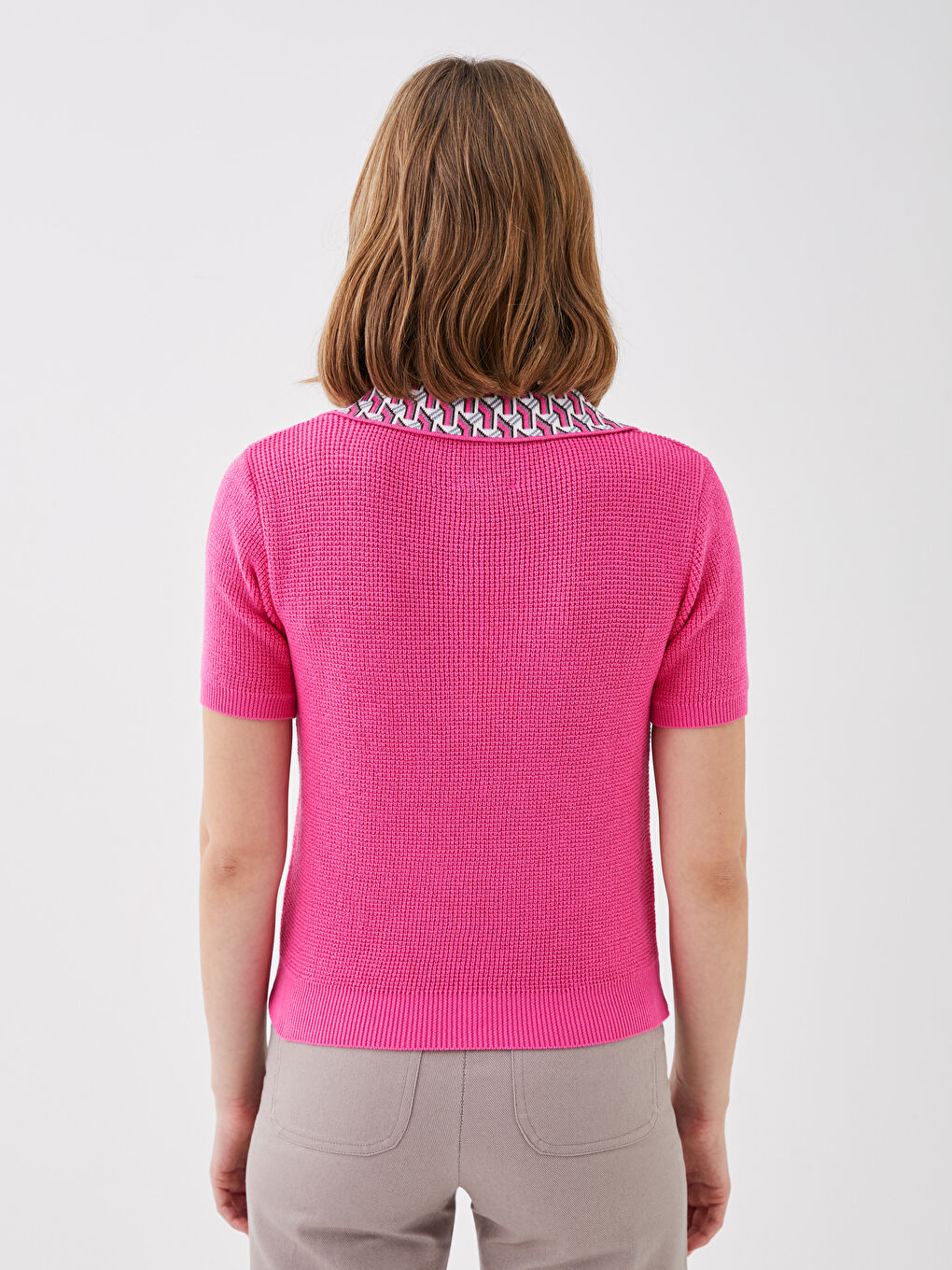Pembe Polo Yaka Desenli Kısa Kollu Kadın Triko Kazak-4