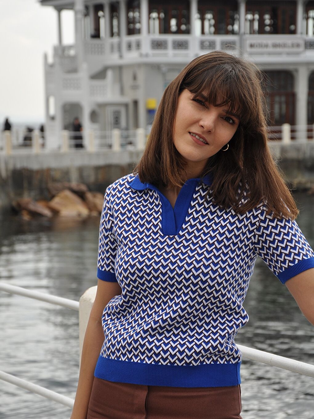 Mavi Polo Yaka Desenli Kısa Kollu Kadın Triko Kazak-5