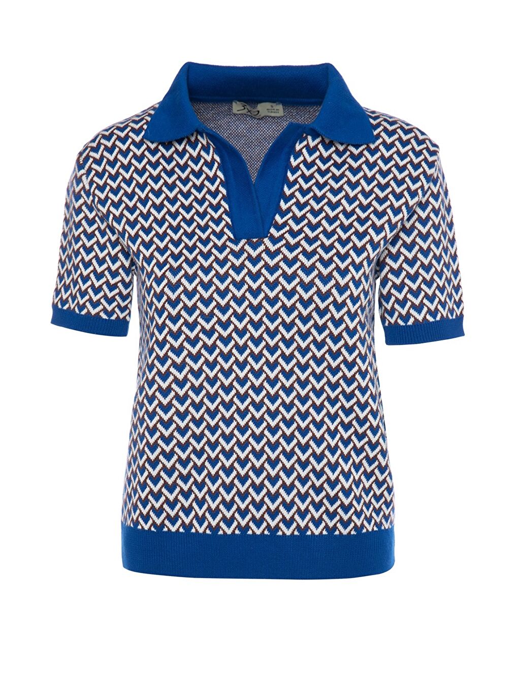 Mavi Polo Yaka Desenli Kısa Kollu Kadın Triko Kazak-8
