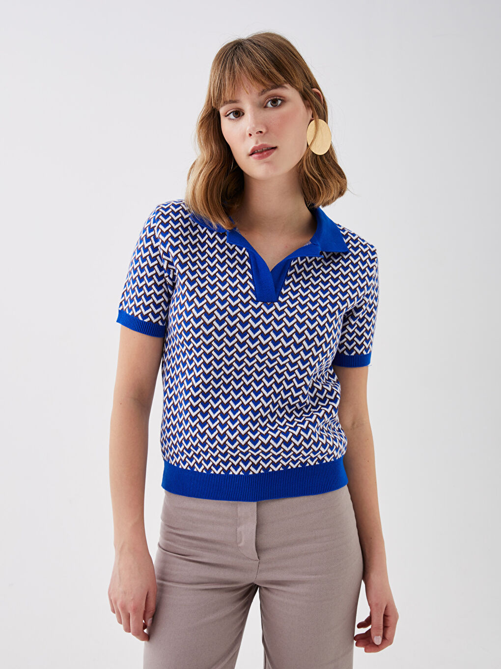 Mavi Polo Yaka Desenli Kısa Kollu Kadın Triko Kazak-1