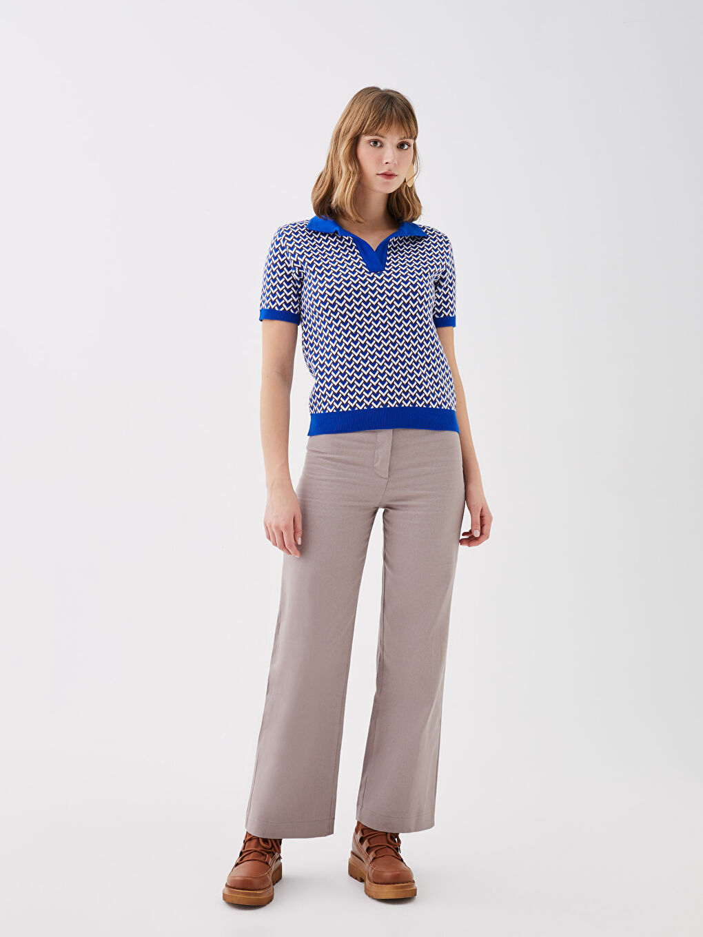 Mavi Polo Yaka Desenli Kısa Kollu Kadın Triko Kazak-2