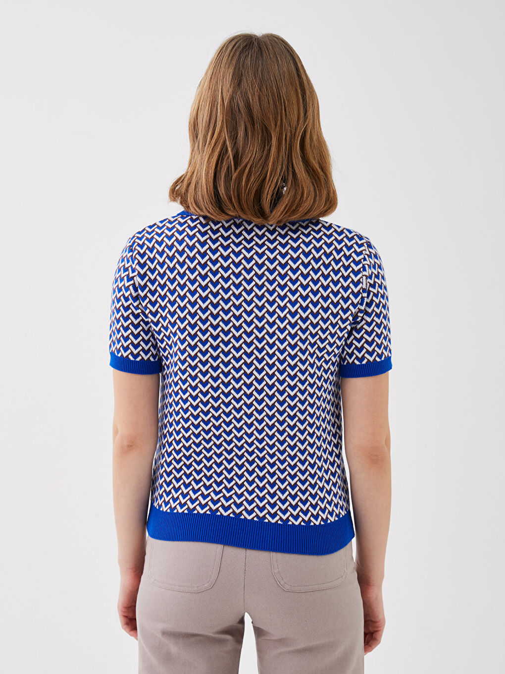Mavi Polo Yaka Desenli Kısa Kollu Kadın Triko Kazak-4