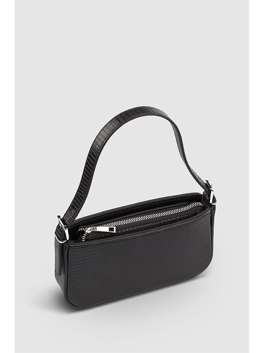 Siyah Deri Görünümlü Kroko Desenli Kadın Omuz Çantası-2