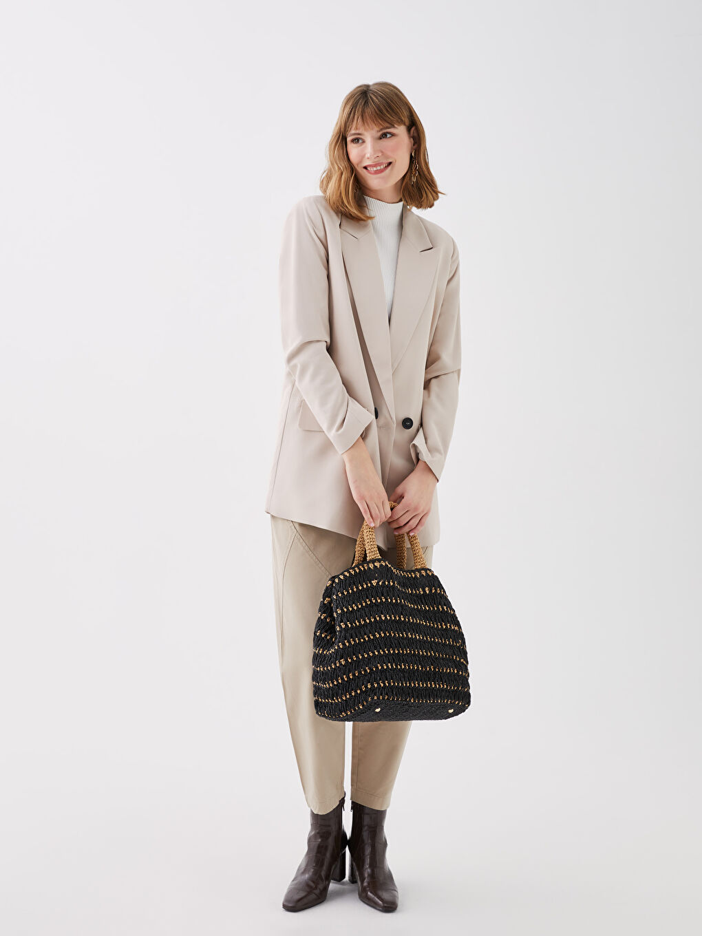 Siyah El Örmesi Kendinden Desenli Kadın Tote Çanta-2