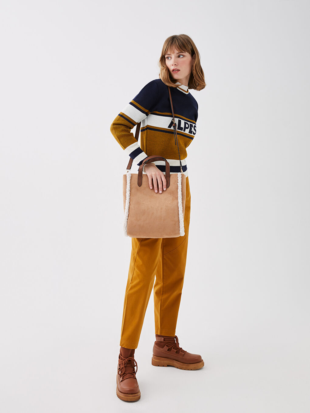 Kahverengi Süet Görünümlü Pelüş ve Deri Detaylı Kadın Tote Çanta-2