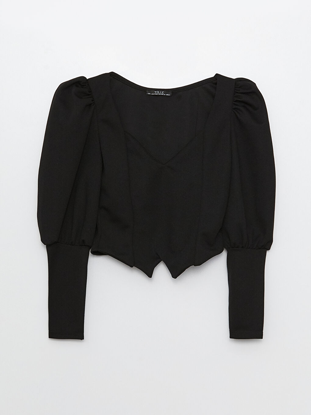 Siyah Kalp Yaka Düz Uzun Kollu Crop Kadın Bluz-6